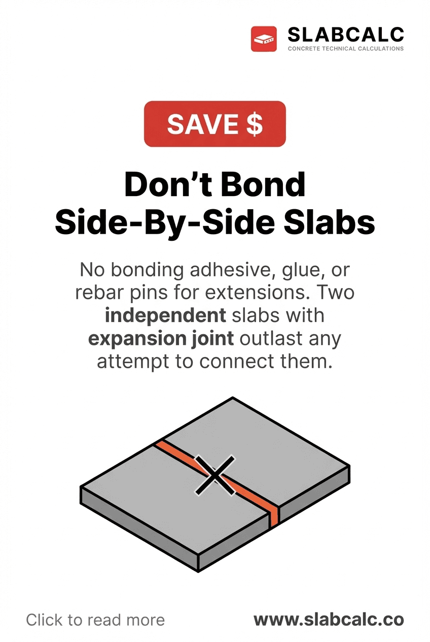 Expansion joint separating old and new concrete slabs with proper spacing