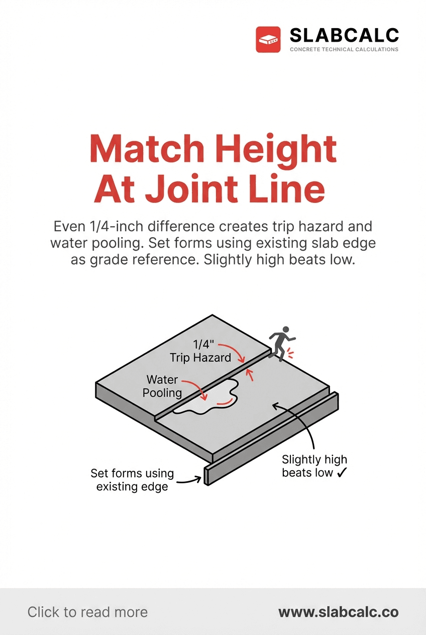Concrete joint showing height mismatch with water pooling at the step