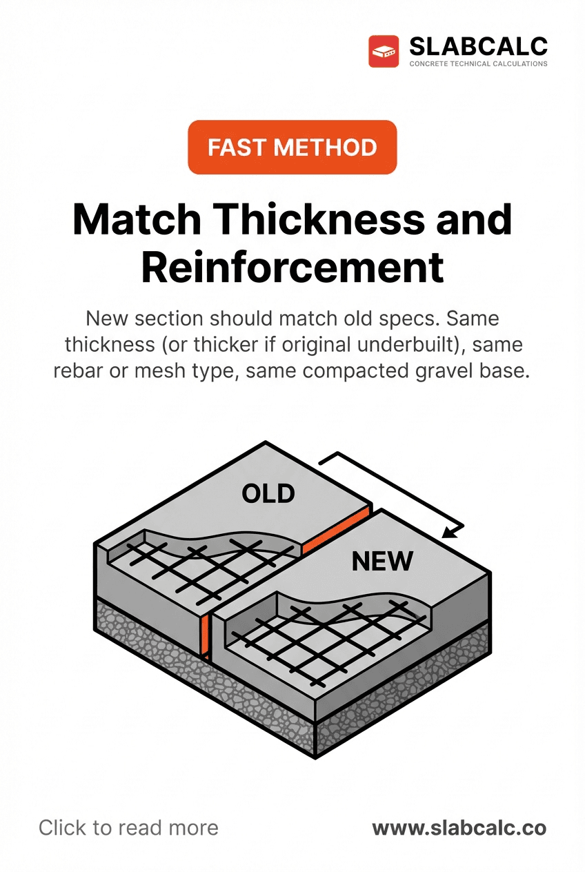 Cross-section diagram showing matched thickness and rebar between existing and new concrete slabs with expansion joint