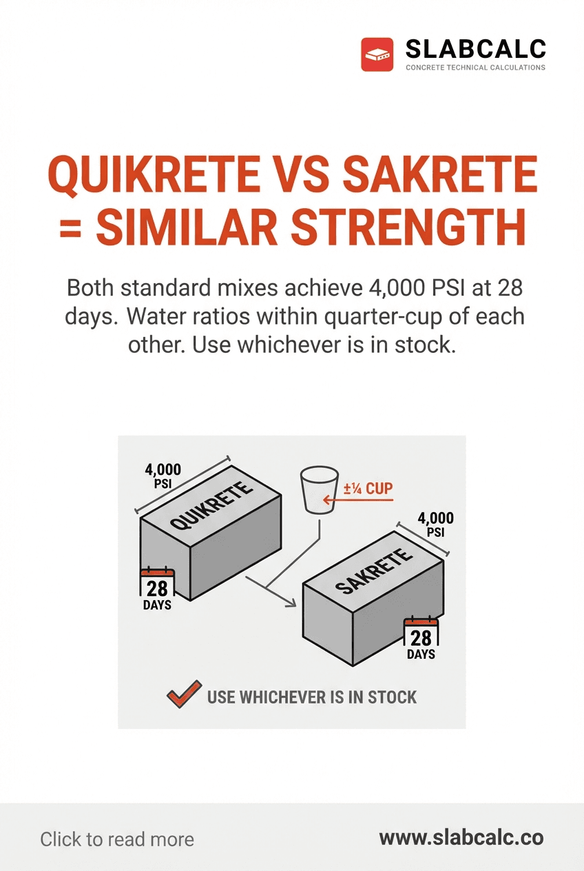 Side-by-side comparison of Quikrete and Sakrete concrete mix bags showing 4000 PSI specification