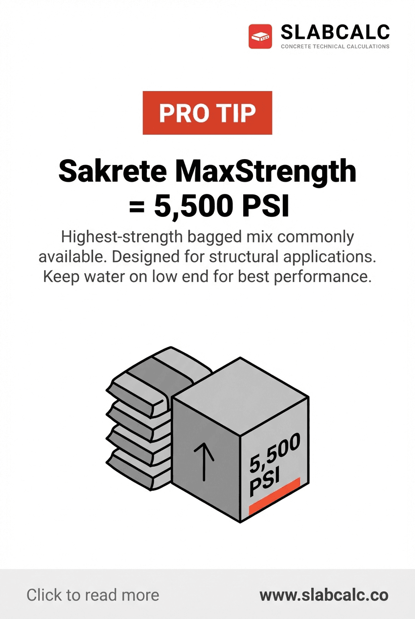 Sakrete MaxStrength bag showing 5500 PSI specification and proper mixing ratio
