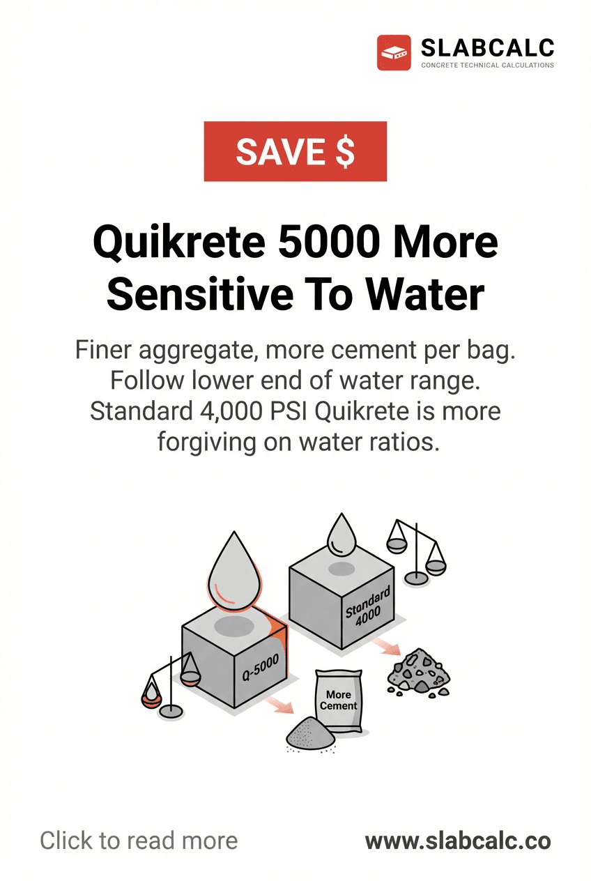 Side-by-side comparison of Quikrete 5000 and standard concrete mix bags showing water measurement guidelines