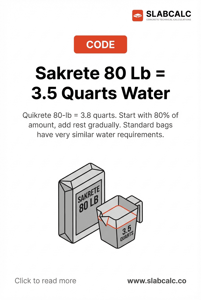 Sakrete 80 pound bag with water measurement guide showing 3.5 quarts