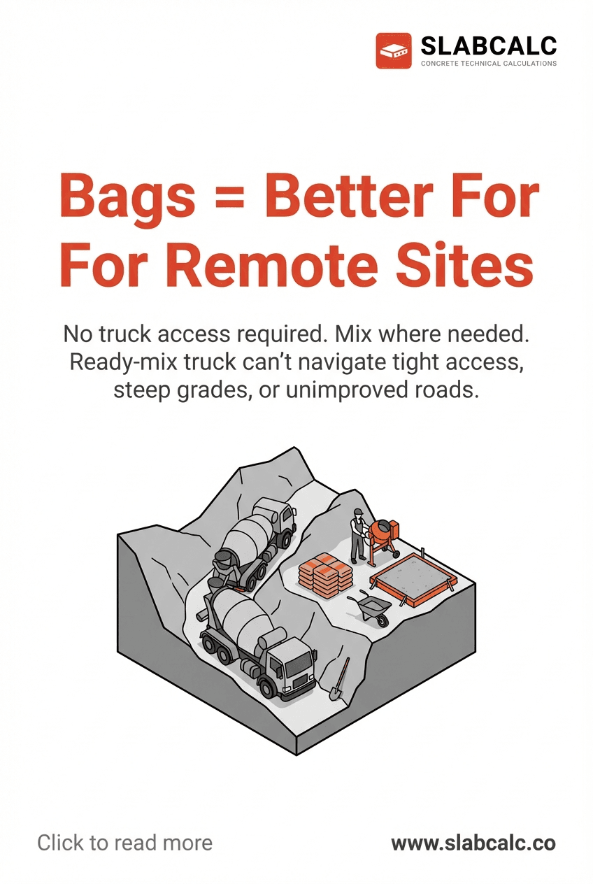 Stacked bags of concrete next to a residential driveway with limited access