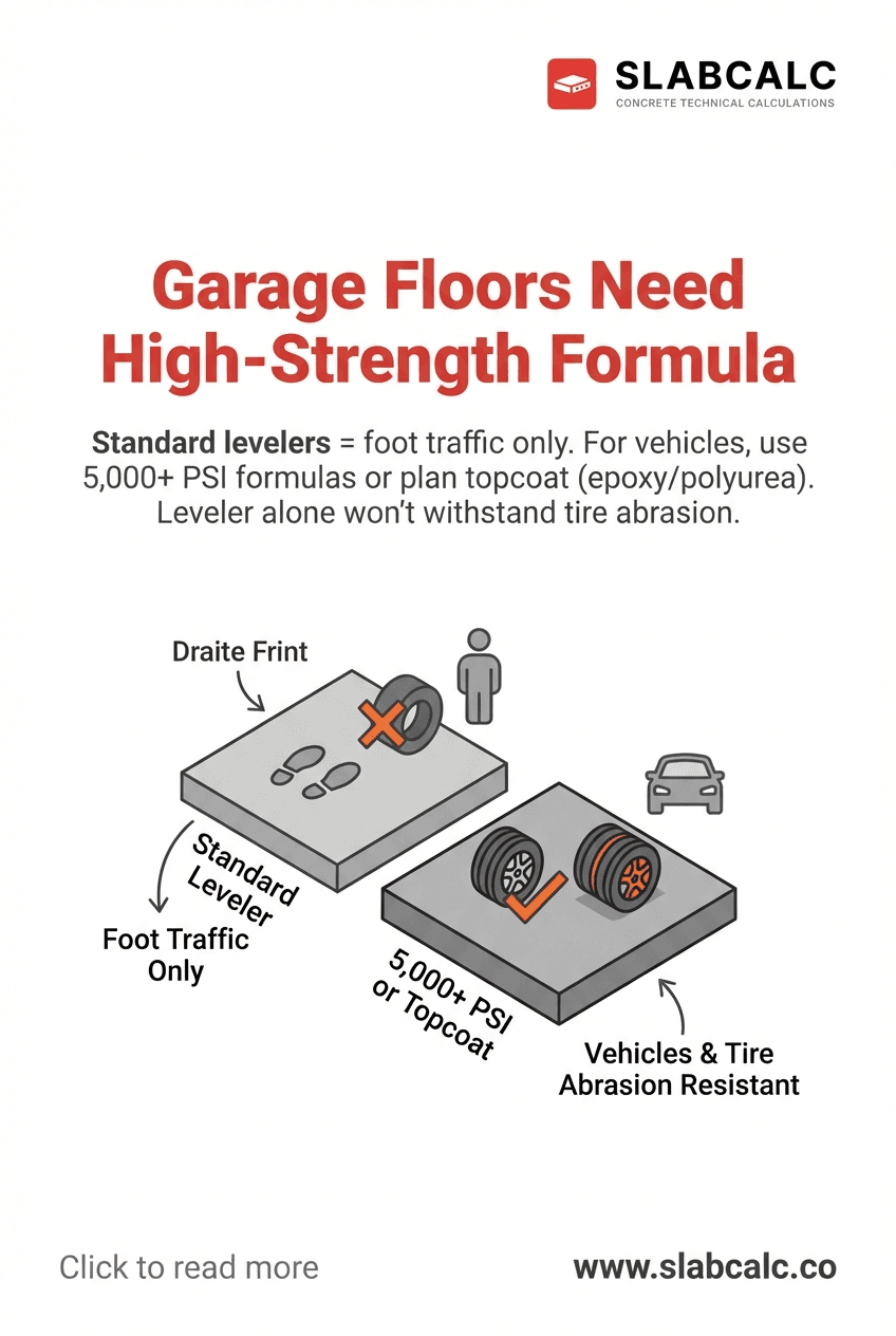 Cracked and abraded garage floor showing damage from standard-strength leveling compound under vehicle tires