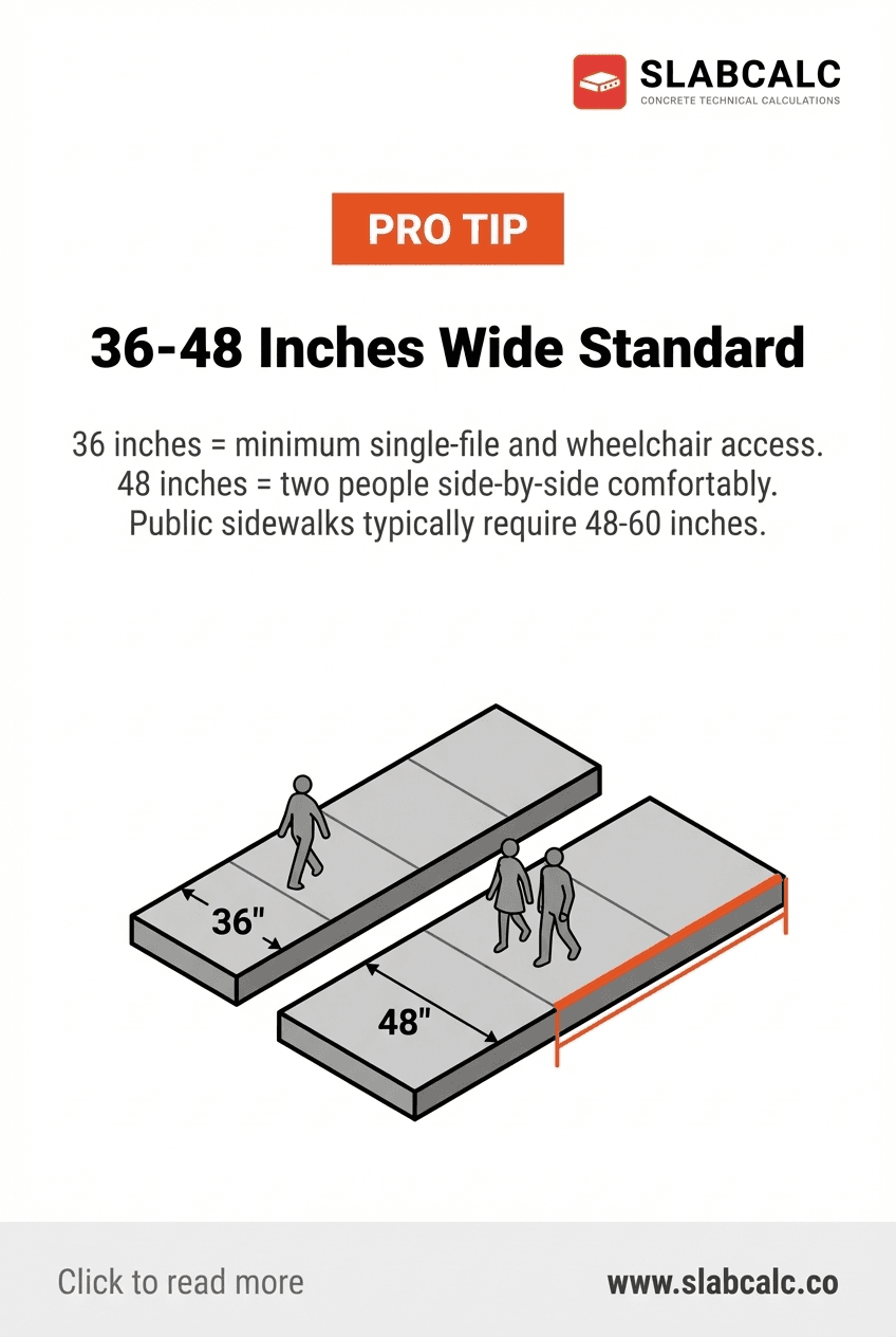 Diagram showing 36-inch and 48-inch sidewalk width comparisons with wheelchair and two-person clearances
