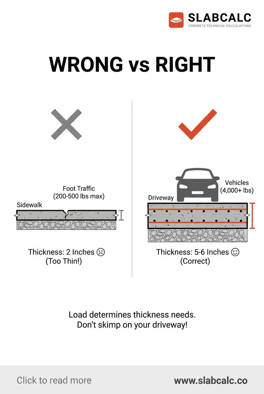 Comparison chart showing concrete thickness requirements for sidewalks versus driveways based on load type and weight