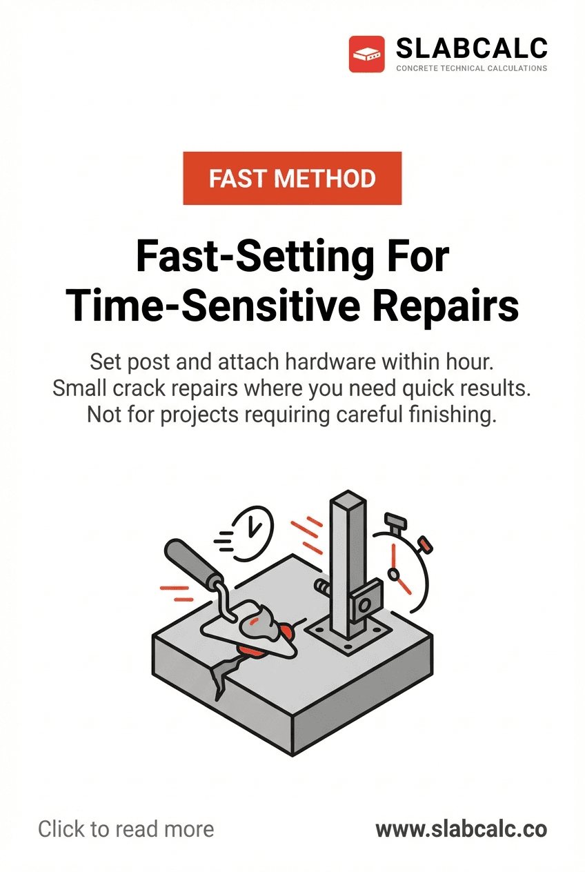 Worker setting fence post in fast-setting concrete with timer showing 1-hour setup window