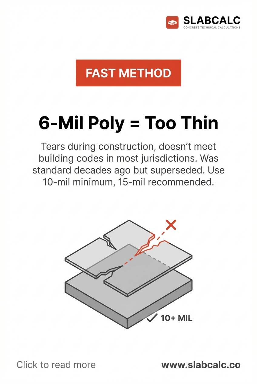 Torn 6-mil polyethylene vapor barrier on concrete subgrade showing damage from worker foot traffic