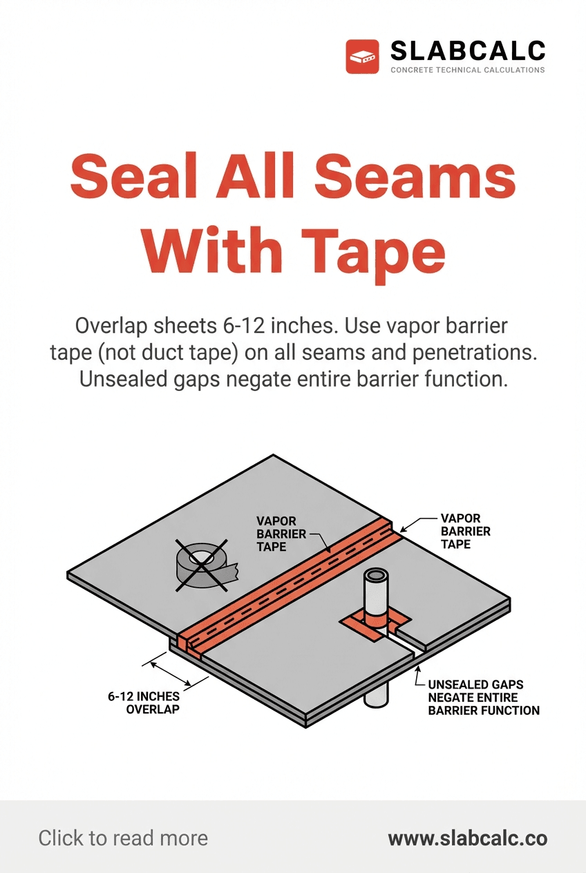 Close-up of vapor barrier sheets with proper tape overlap on seams before concrete pour