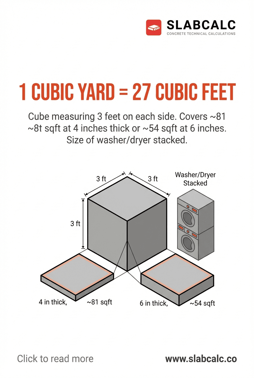 Visual comparison of a cubic yard cube next to a stacked washer and dryer for scale reference