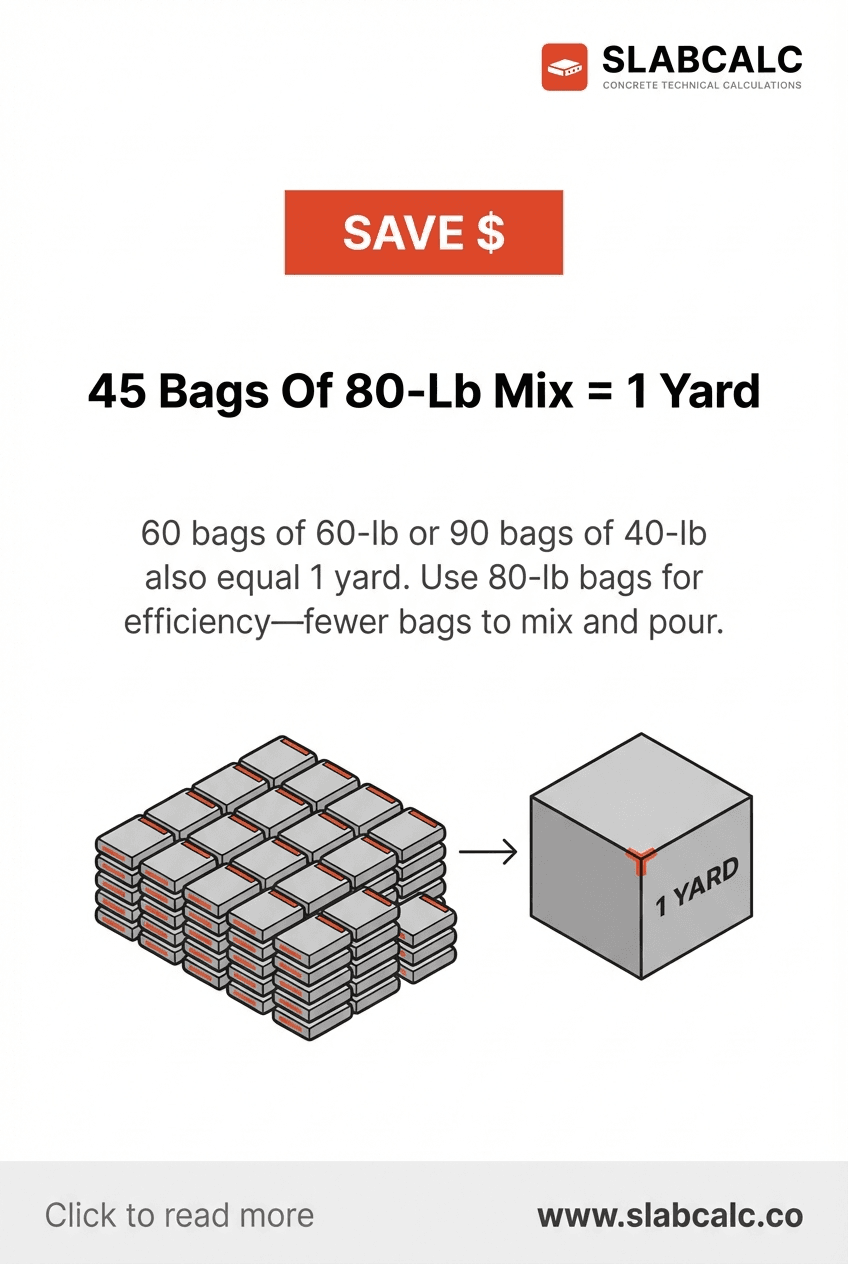 Comparison chart showing 45 bags of 80-lb concrete mix stacked to equal one cubic yard