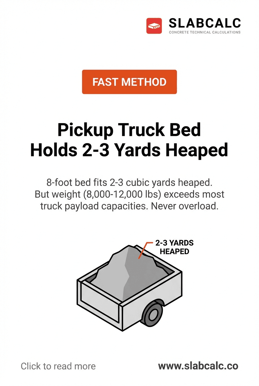 Side view of an 8-foot pickup truck bed loaded with heaped concrete, showing volume comparison