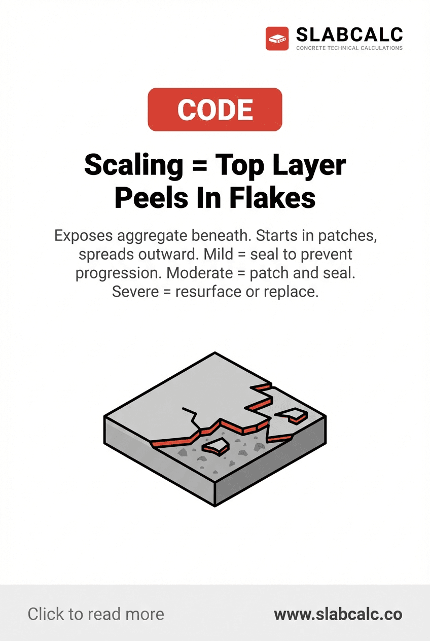 Close-up of concrete surface showing scaling damage with thin flakes peeling away and exposed aggregate visible beneath