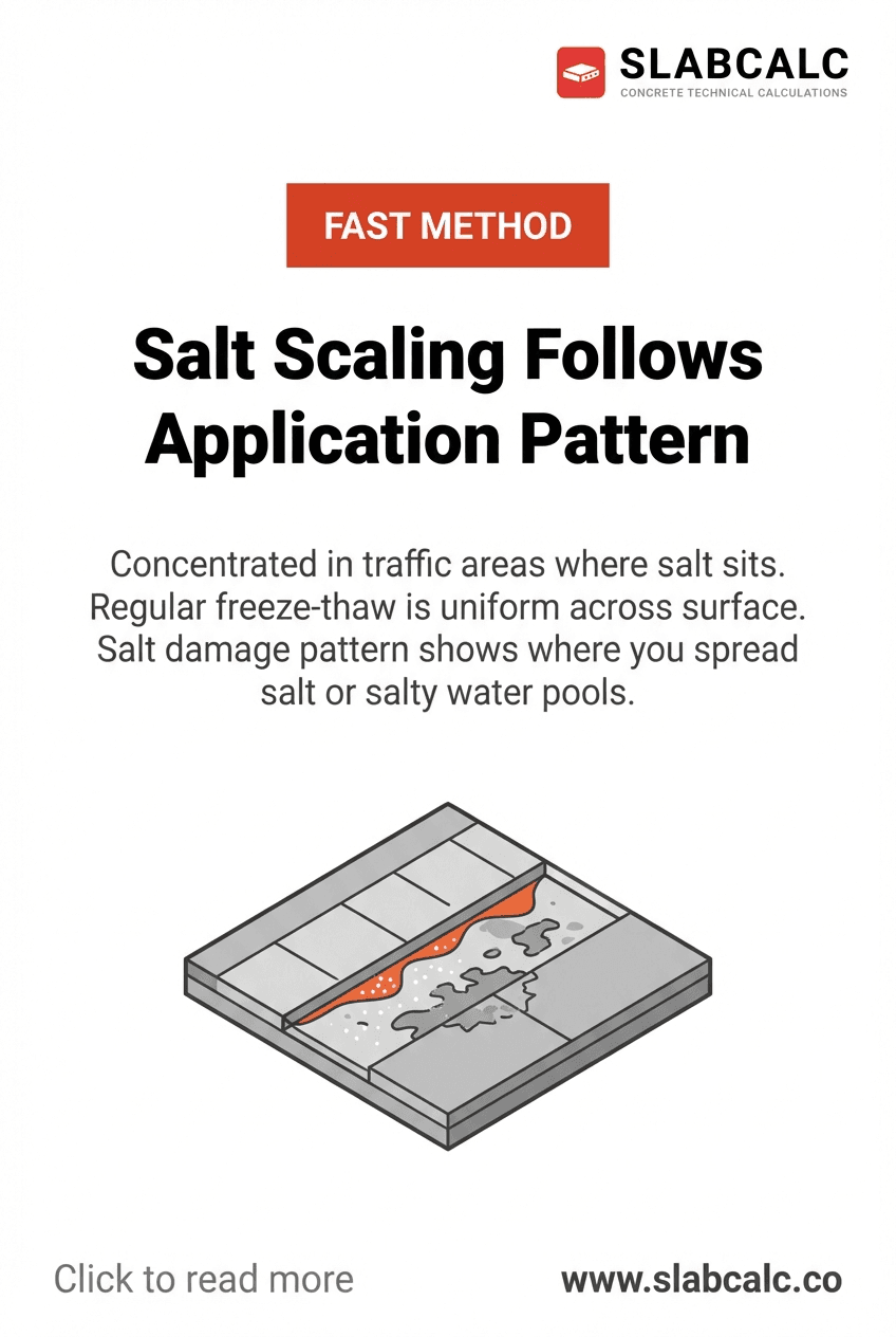 Concrete surface showing concentrated salt scaling damage in high-traffic driveway areas with lighter color in center lane