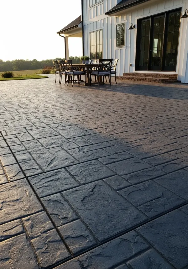 Ashlar slate stamped concrete pattern on a patio
