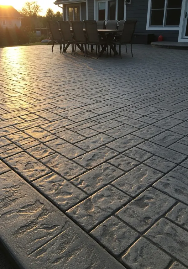 Cobblestone stamped concrete pattern on a patio
