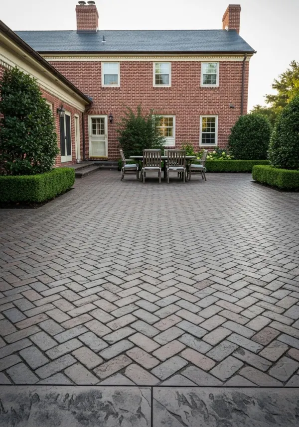 Herringbone brick stamped concrete pattern on a patio